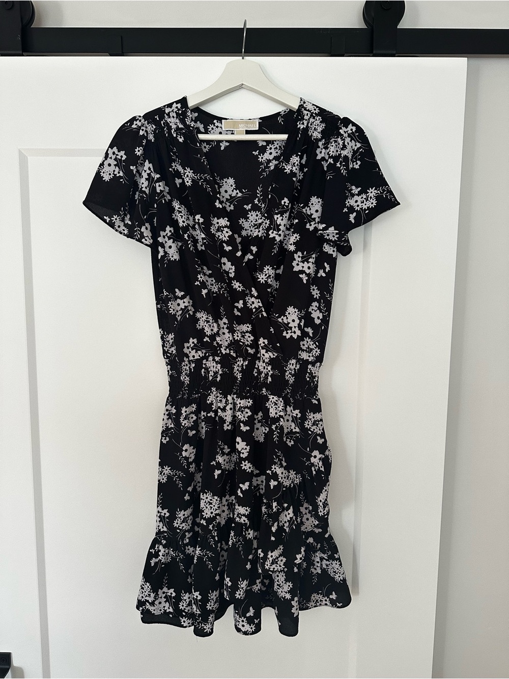 Michael Kors Floral Wrap-Style Black Dress with White Print